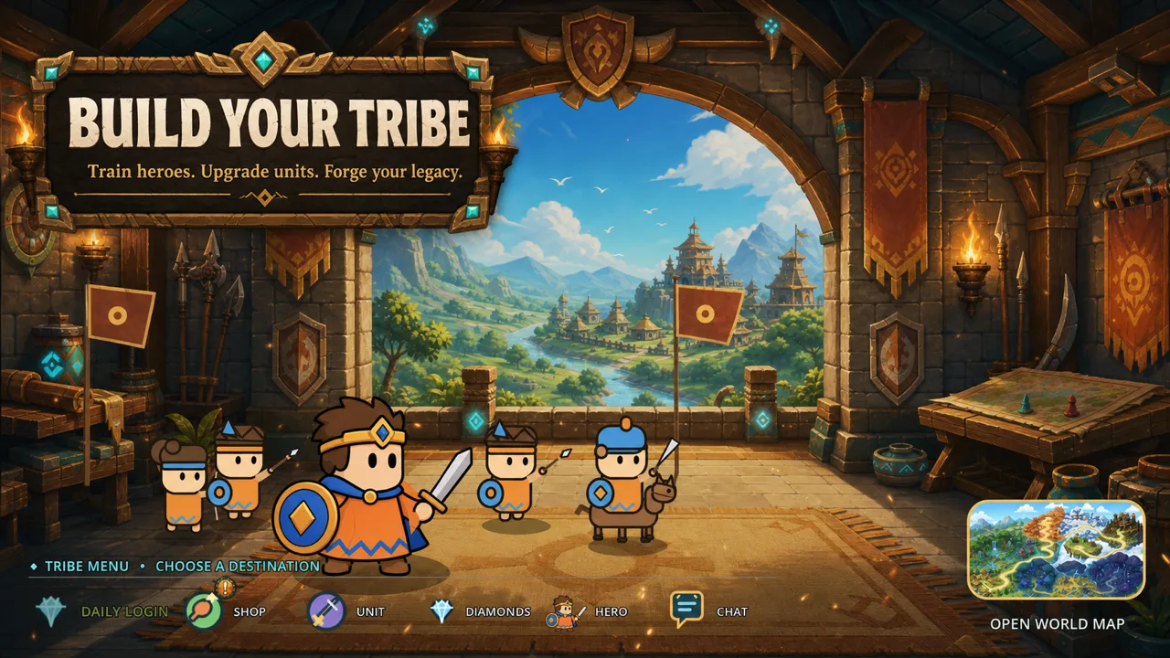 GrubSpire tribe hub with heroes and upgrade menus